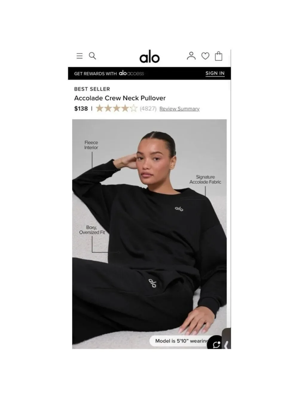 NWzt Alo Yoga Black Accolade Crew Neck Pullover Sweatshirt S